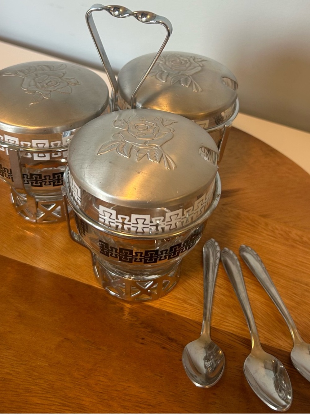 Vintage Libbey 3-Jar Condiment Set Glass Chrome Caddy w Spoons MCM